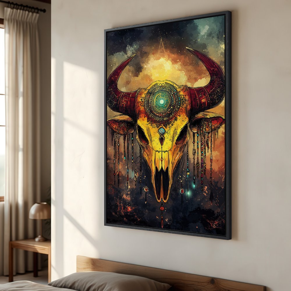 Framed Wall Art: Stunning bull skull art print in warm yellow, red, and blue tones. Boho style canvas print perfect for bedroom decor.
