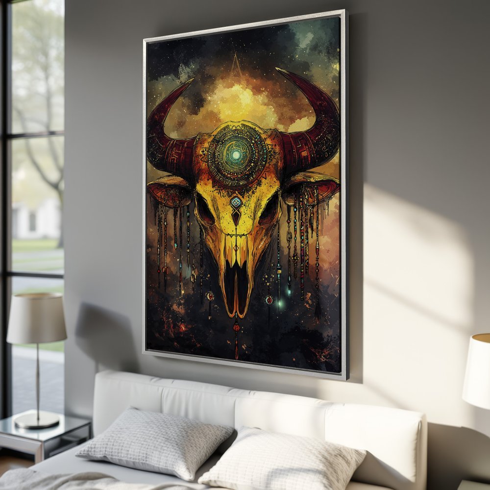 Framed Wall Art: Stunning bull skull canvas print in warm gold and earthy tones. Perfect boho decor for your bedroom or living room!