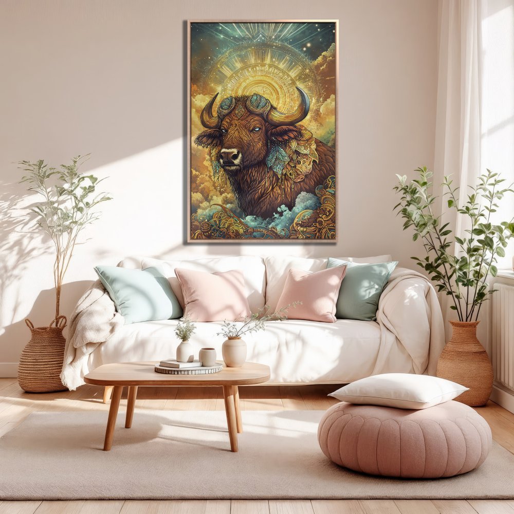 Framed Wall Art: Majestic bull illustration in warm gold & brown tones. Perfect for living room decor. Shop Canvas Prints today!