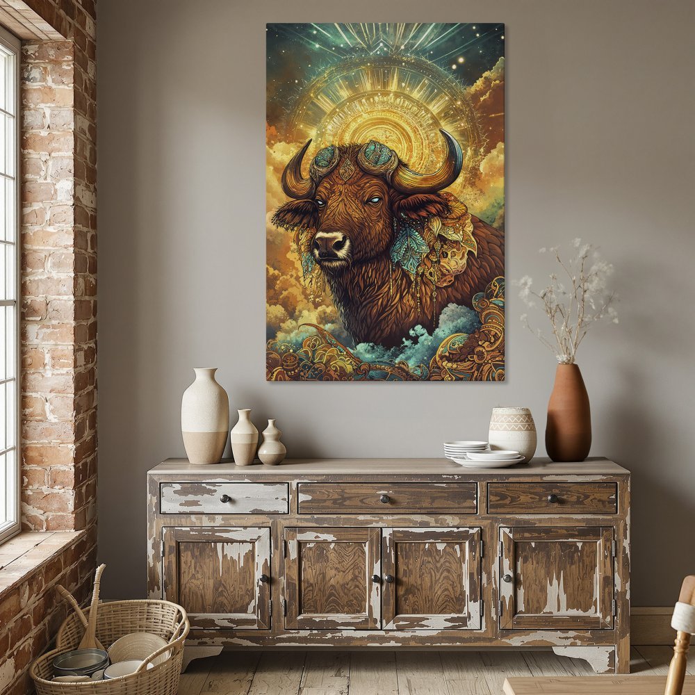 Framed Wall Art: Majestic bull illustration in vibrant teal, gold, and brown tones. Perfect for living room or dining room decor.