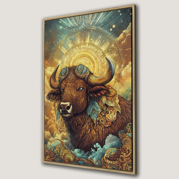 Framed Wall Art: Majestic bull illustration in warm earth tones. Perfect for boho decor! Add this stunning canvas print to your home.