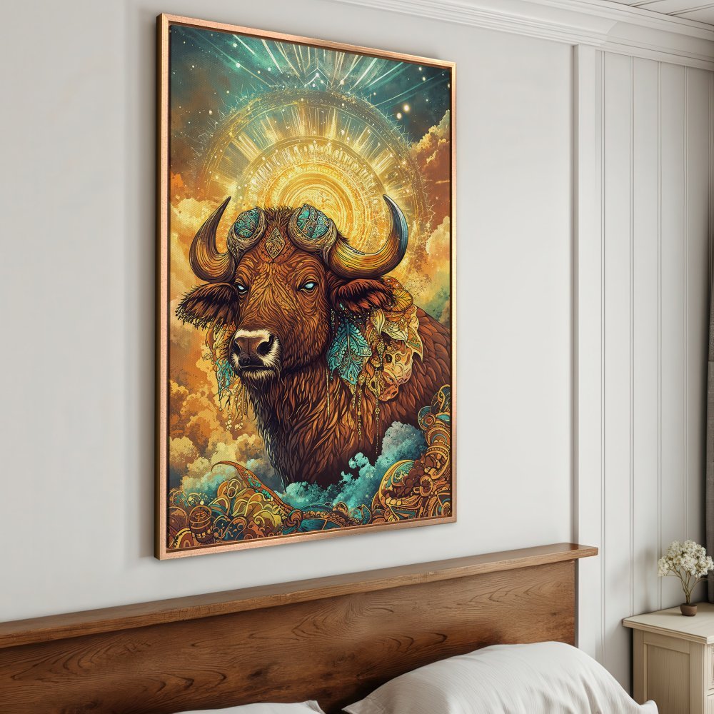 Framed Wall Art: Mystical bull illustration in warm earth tones. Stunning canvas print for boho decor. Adds a touch of magic to any space.