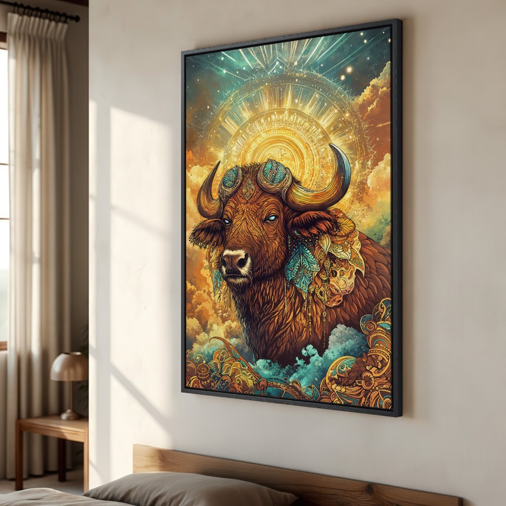 Framed Wall Art featuring a majestic bull in a vibrant, celestial style. Earthy tones with pops of turquoise and gold. Elevate your space with this stunning Canvas Print!
