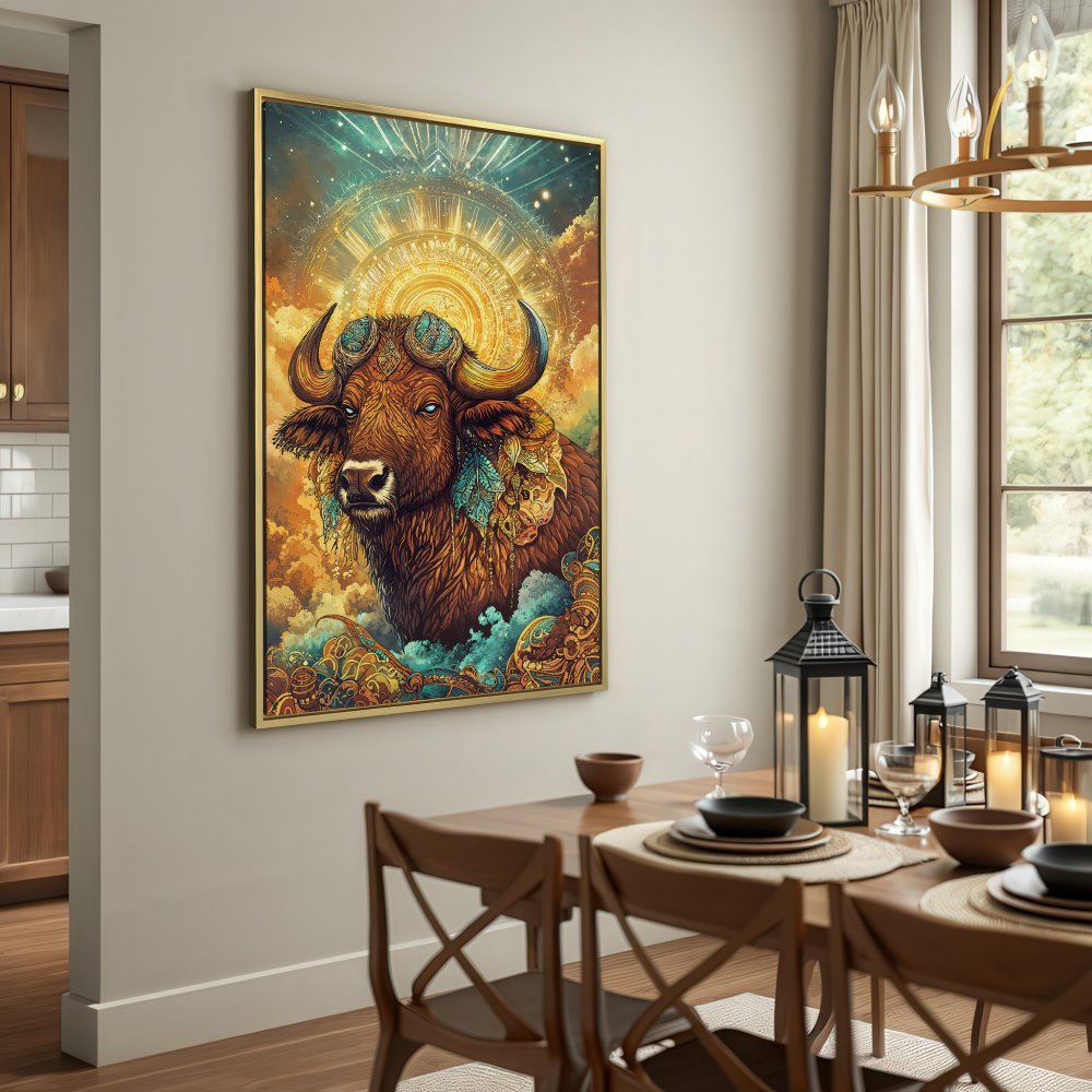 Canvas Print of a mystical bull, featuring a detailed illustration in warm, earthy tones. Perfect wall art for a unique interior.