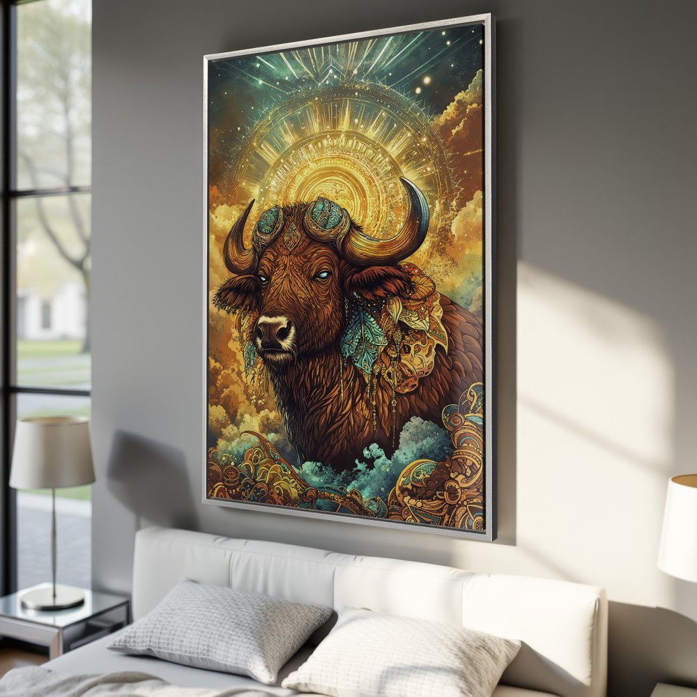Framed Wall Art: Mystical bull illustration in warm, earthy tones. Boho style Canvas Print adds unique art to your bedroom decor.