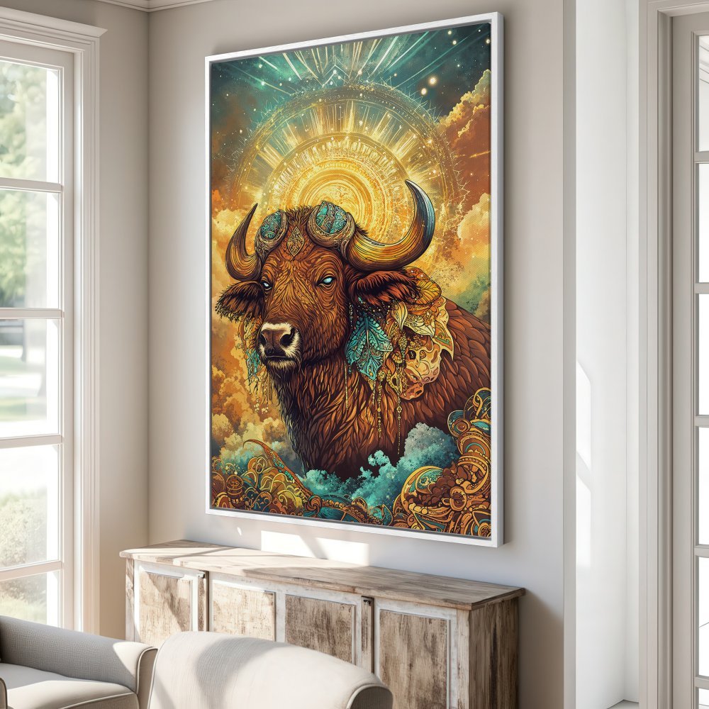 Framed Wall Art featuring a mystical bull illustration in warm, earthy tones. Add this stunning Canvas Print to your home decor!