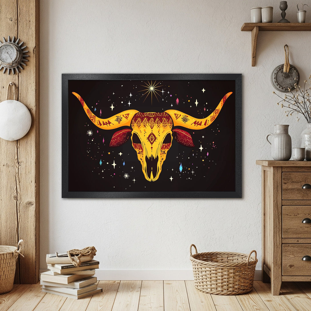 Framed Poster featuring a vibrant bull skull design in a bohemian style with a warm yellow and black color palette. Perfect wall art!