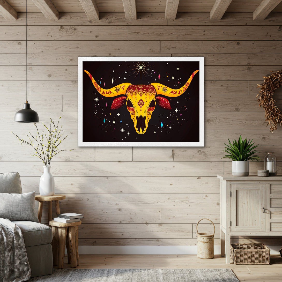 Framed Poster featuring a vibrant, tribal-style bull skull illustration in yellow, red, and black. Perfect wall art for a boho vibe!