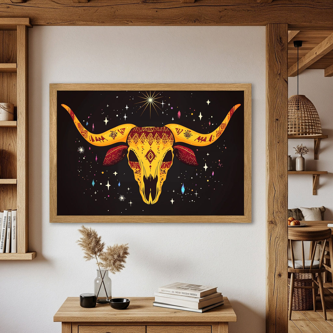 Framed Poster featuring a vibrant bull skull design in yellow, red, and black. Boho style art for your home decor.