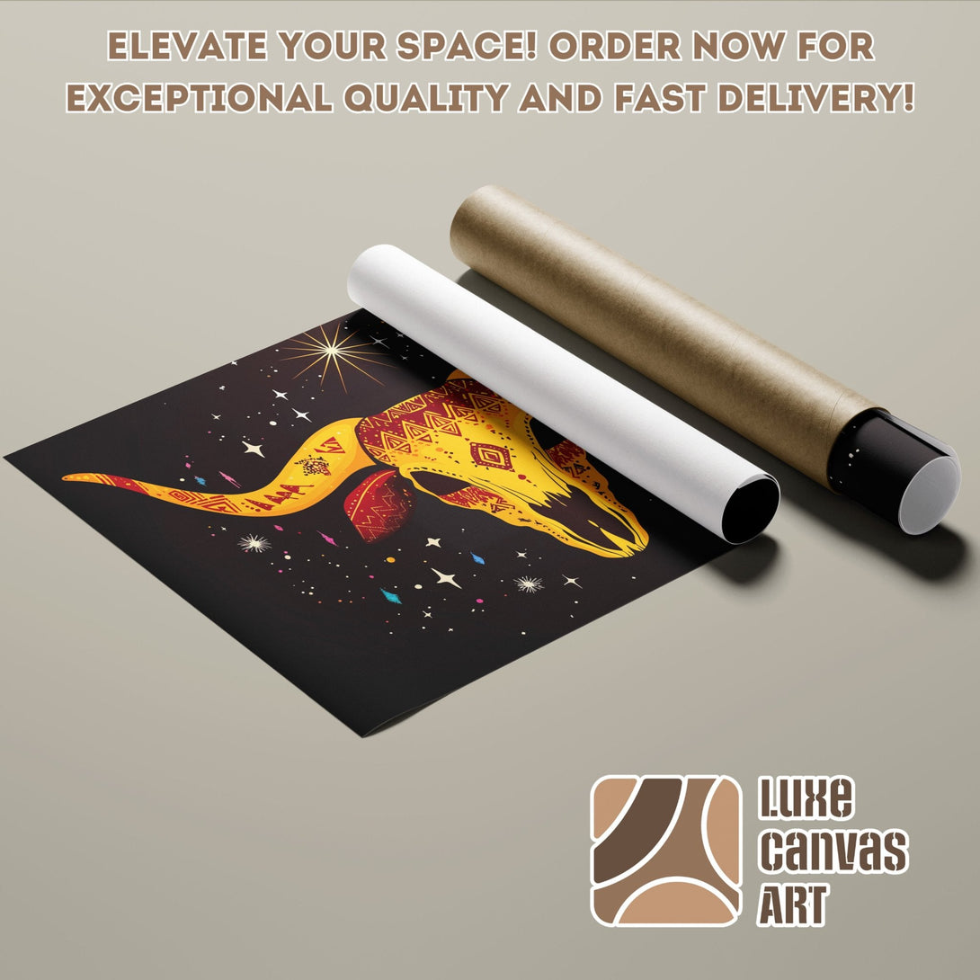 Poster Roll featuring a colorful tribal skull art print, black background, warm color palette.
