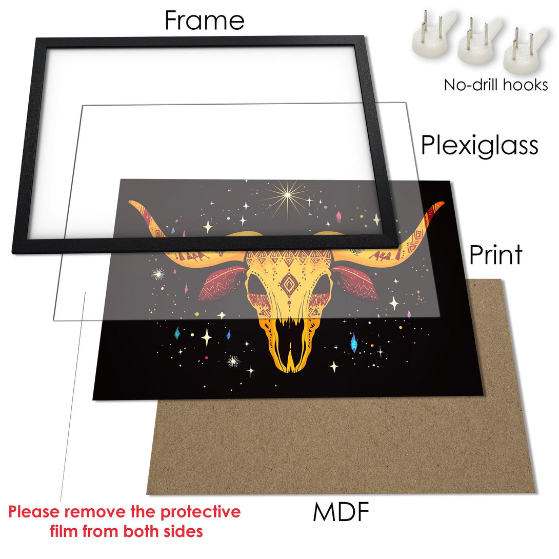 Framed Poster featuring a celestial bull skull design in a vibrant, bohemian style with a black and gold color palette.