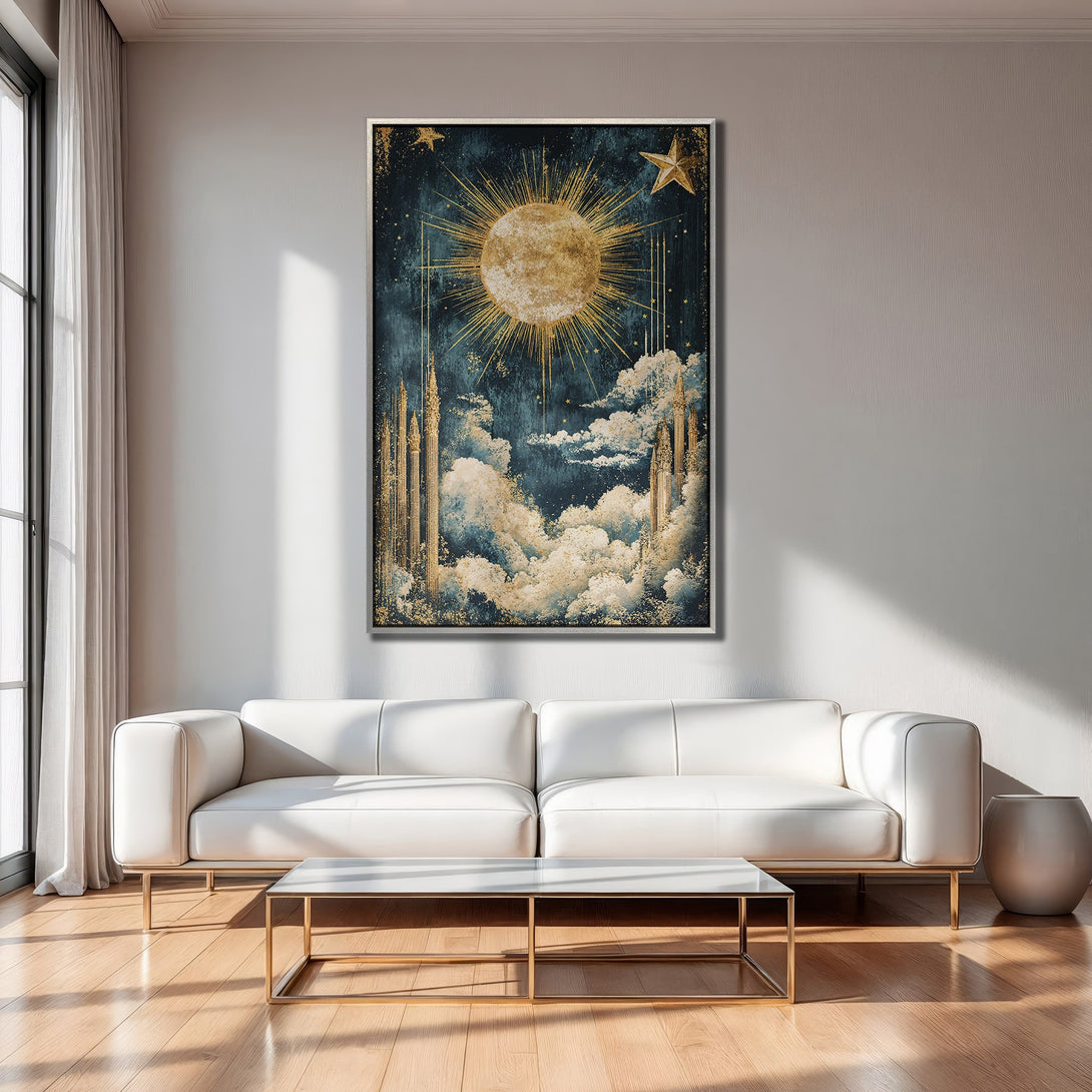 Framed Wall Art featuring a celestial design in teal, gold, and white. Modern art print adds elegance to any living room decor.