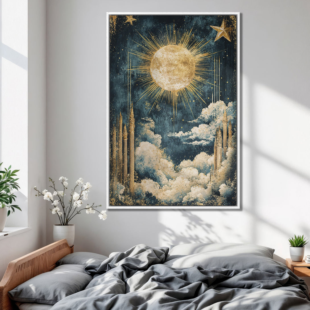 Framed Wall Art featuring celestial artwork with a gold and teal color palette. Modern abstract art for bedroom decor. Canvas Print.