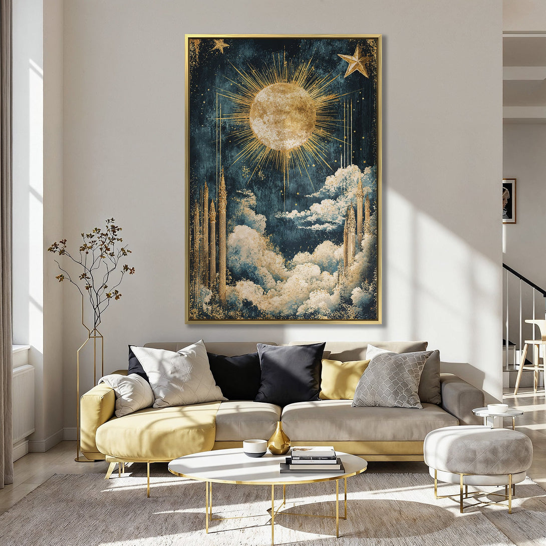 Canvas Print featuring a celestial sun and cloud design in teal, gold, and cream tones. Perfect for adding a touch of elegance to any space.