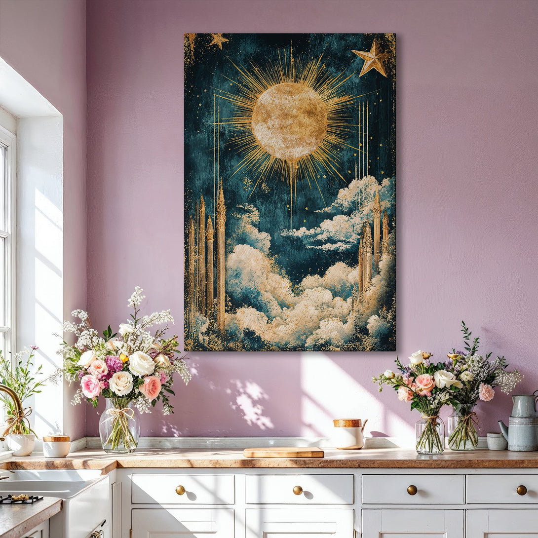 Framed Wall Art featuring a celestial design in teal, gold, and cream. Adds elegance to any living room. Shop this stunning Canvas Print today!