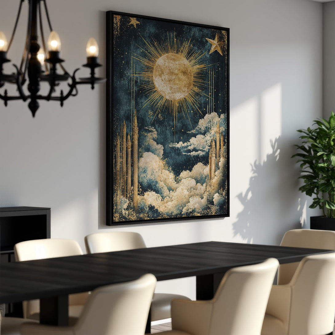 Framed Wall Art: Celestial sun and cloud design in teal and gold. Perfect for adding a touch of elegance to your dining room.