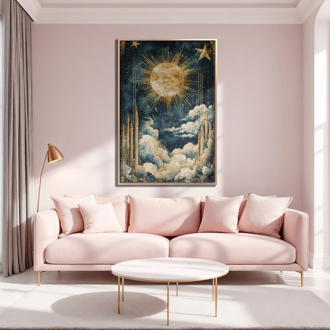 Framed Wall Art: Celestial sun and stars art print in a gold frame. Dark blue and gold color palette. Perfect for adding a touch of magic to your home decor.