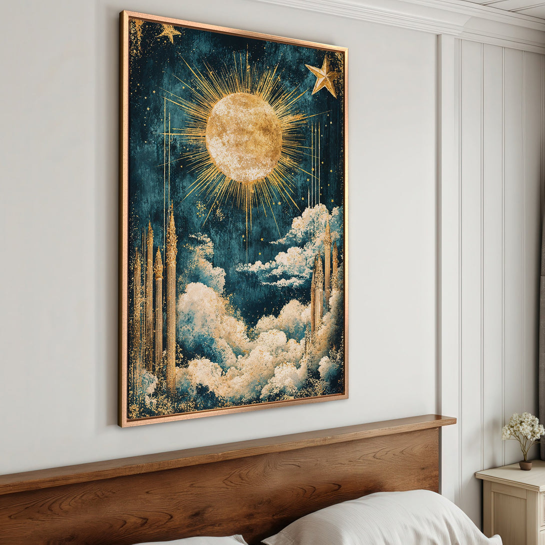 Framed Wall Art: Celestial sun & stars art print in teal & gold. Modern, abstract style. Perfect for bedroom decor & adding a touch of luxury.