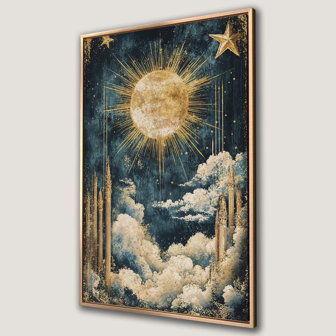 Framed Wall Art: Celestial sun and star design in teal and gold. Modern art print for home decor. Add a touch of magic to your space!