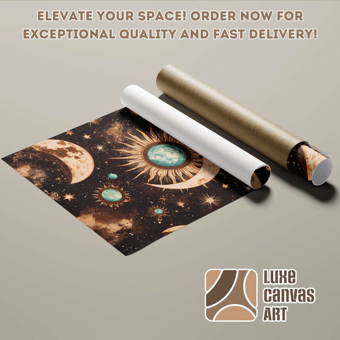 Celestial Poster Roll art, featuring a dark, cosmic design with a brown and teal color palette, perfect for any space.