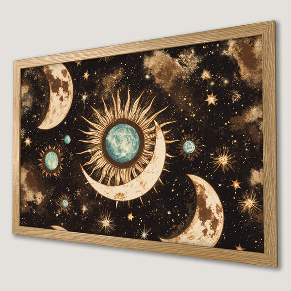 Framed Poster featuring celestial art with sun, moon, and stars in a warm, earthy color palette. Perfect for adding cosmic vibes!