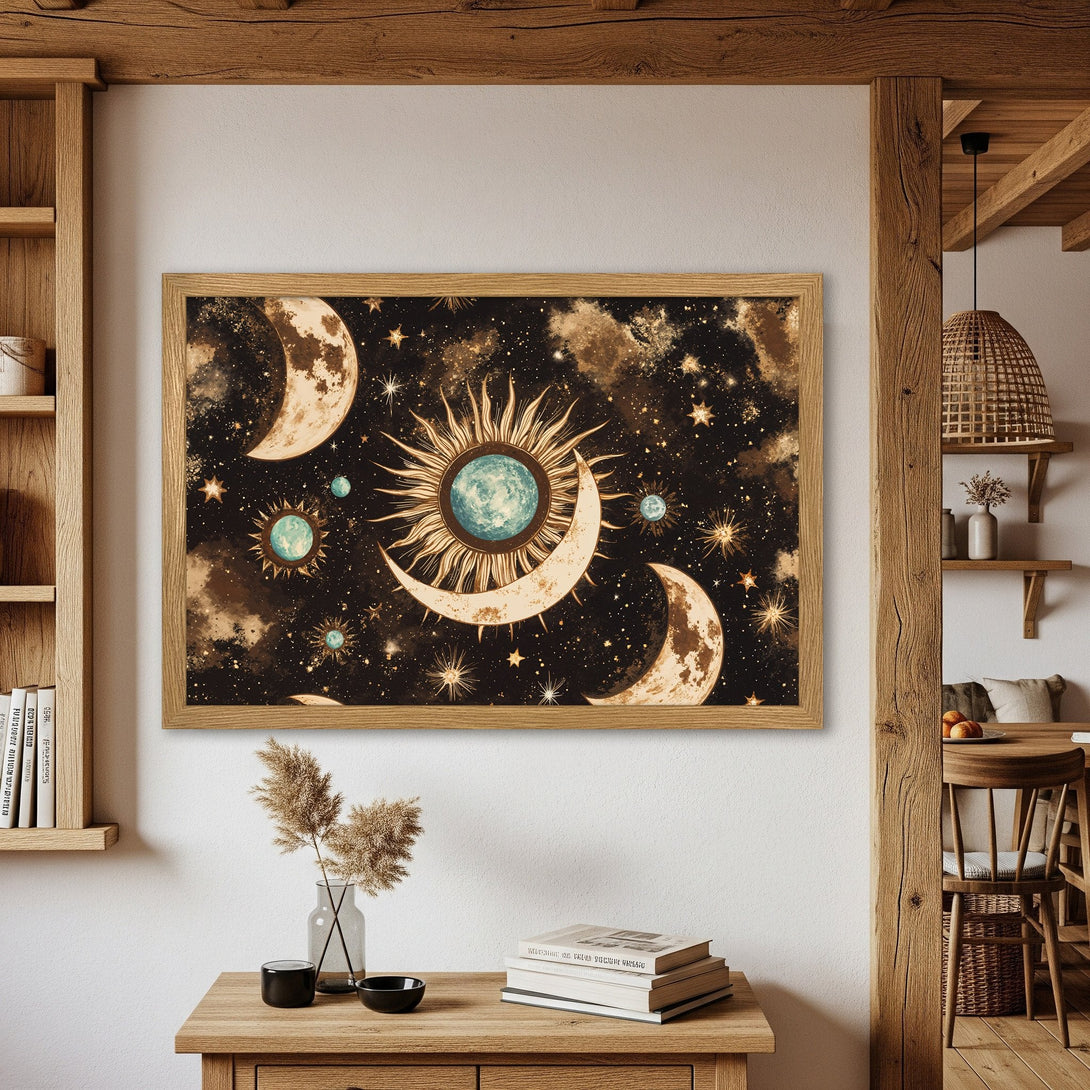 Framed Poster featuring celestial art with moons, stars, and sun. Earthy color palette, perfect for bohemian decor.