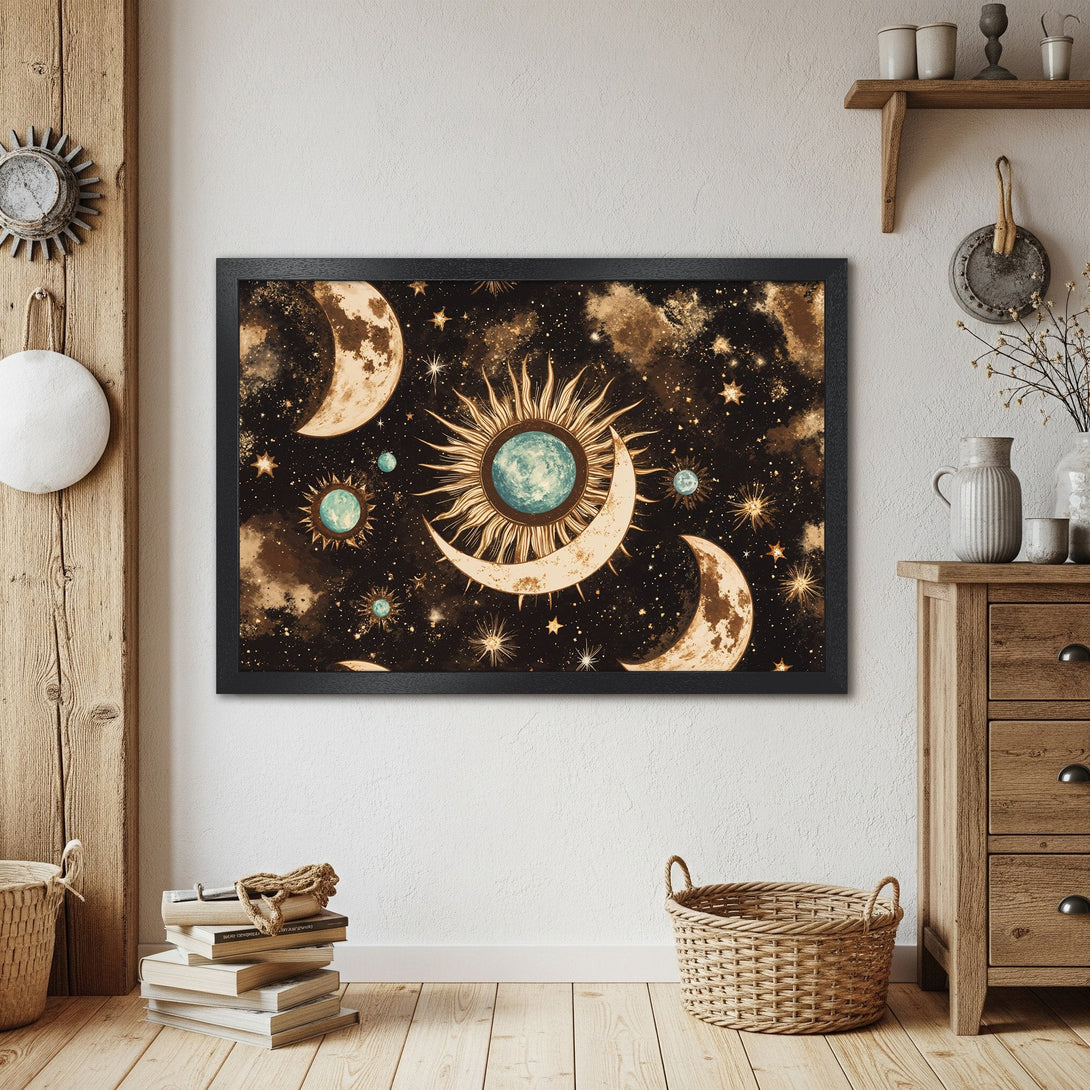 Framed Poster featuring a celestial design with moons, sun, and stars. Warm, earthy color palette perfect for any space.