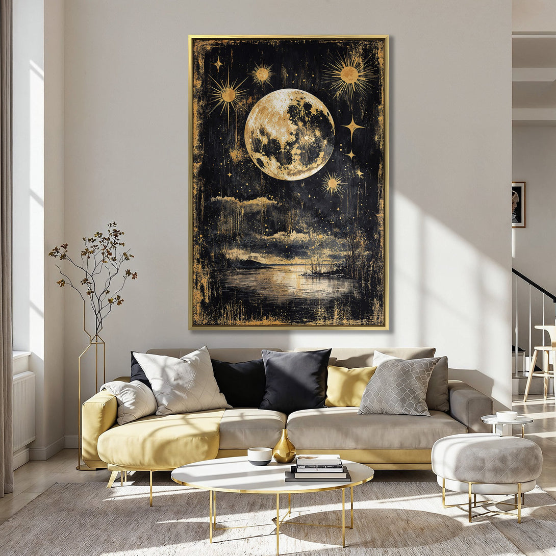 Canvas Print featuring a celestial moon and stars design in gold and black, displayed in a cozy, light-filled interior with a pink wall.