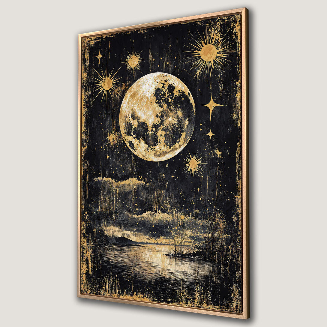 Framed Wall Art: Celestial moon and stars artwork in gold and black. Perfect for adding a touch of mystical elegance to any space. Shop now!