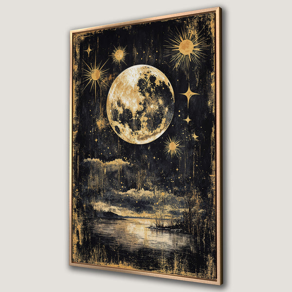 Framed Wall Art: Celestial moon and stars artwork in gold and black. Perfect for adding a touch of mystical elegance to any space. Shop now!