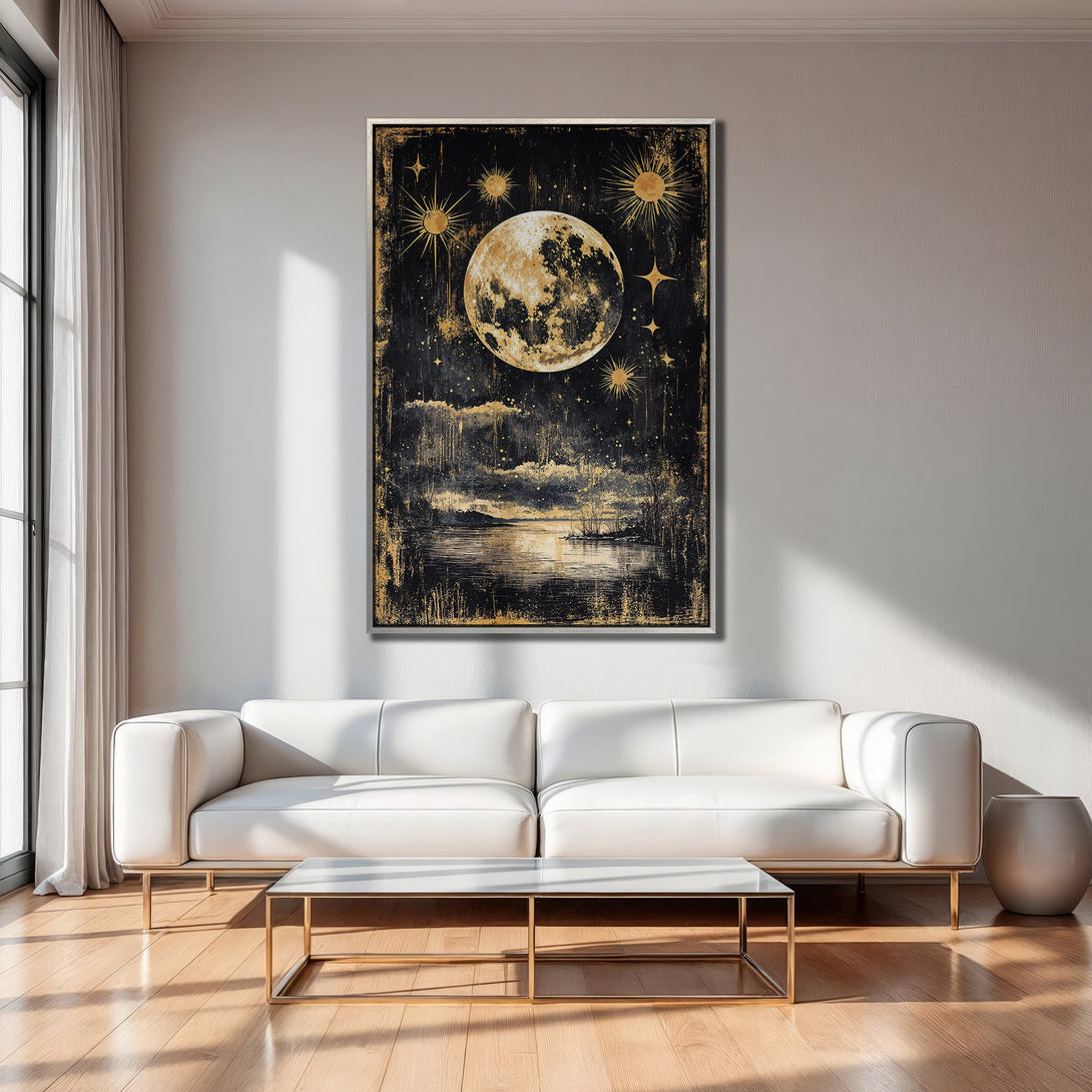 Framed Wall Art: Celestial moon and stars art print with gold and black color palette, perfect for modern home decor.