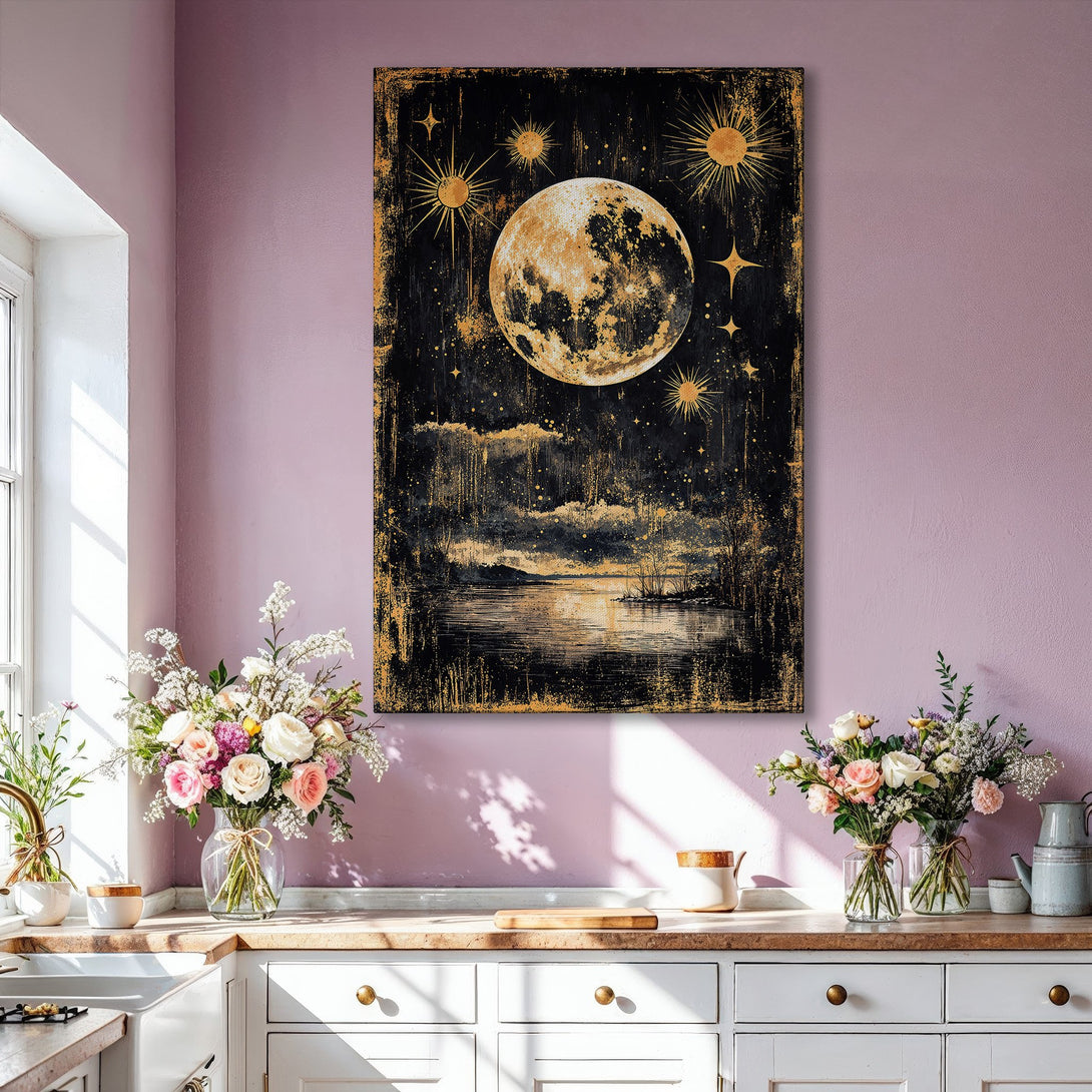 Framed Wall Art featuring a celestial moon and stars in a black and gold palette. Modern, stylish artwork perfect for any living space.