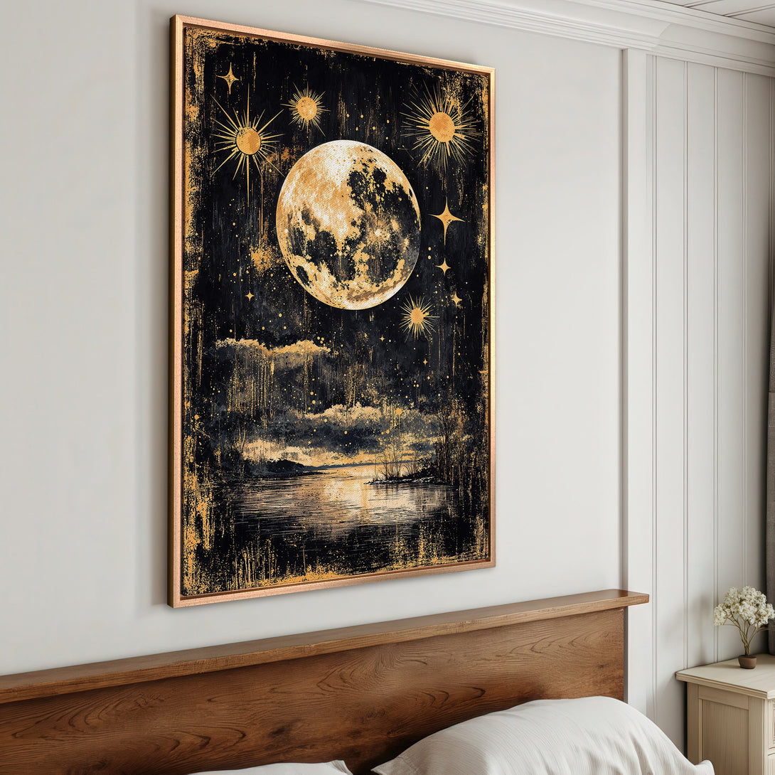 Framed Wall Art: Celestial moon and stars art print in gold and black. Perfect for bedroom decor, adding a touch of mystical elegance to any space.