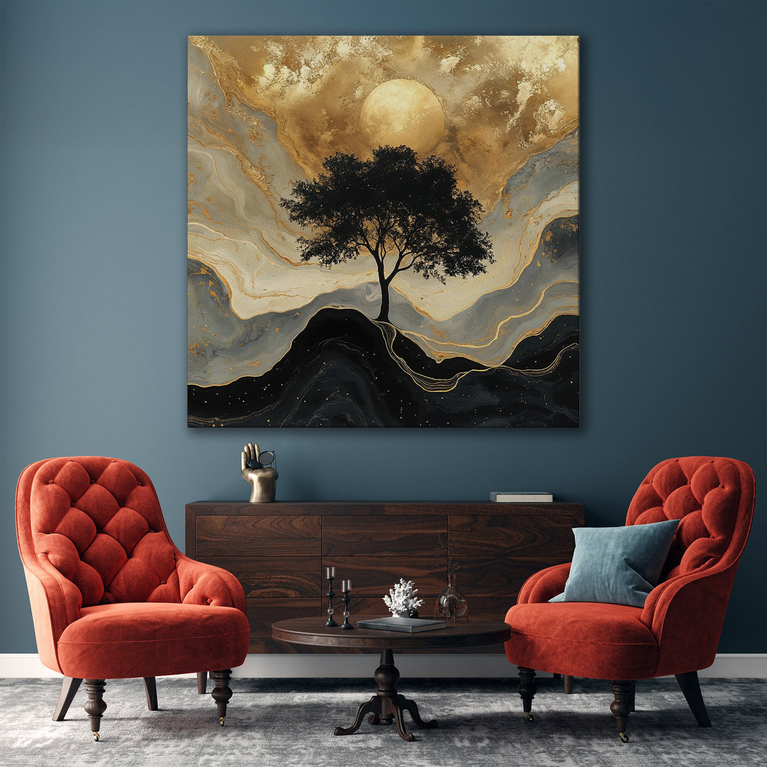 Framed Wall Art: Abstract landscape Canvas Print with a tree, gold accents, and a neutral color palette. Perfect for modern home decor.