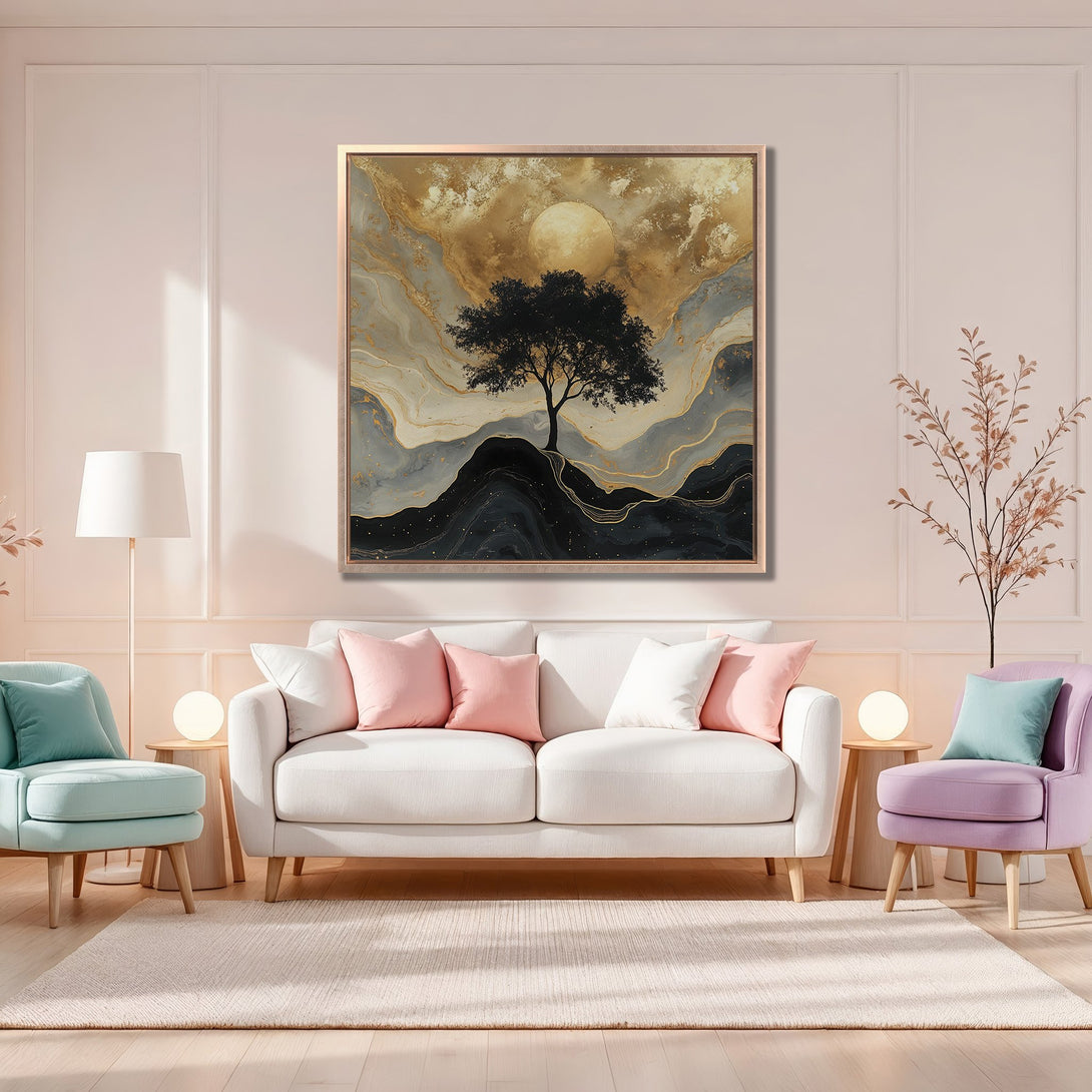 Framed Wall Art featuring a serene tree landscape in gold, gray, and black. Modern art piece adds elegance to any interior. Shop Canvas Prints for your home!