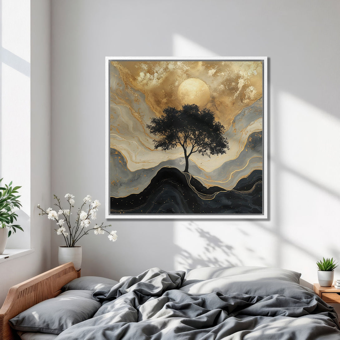 Framed Wall Art: Abstract tree landscape in gold, gray, and black. Modern art Canvas Print perfect for bedroom decor.