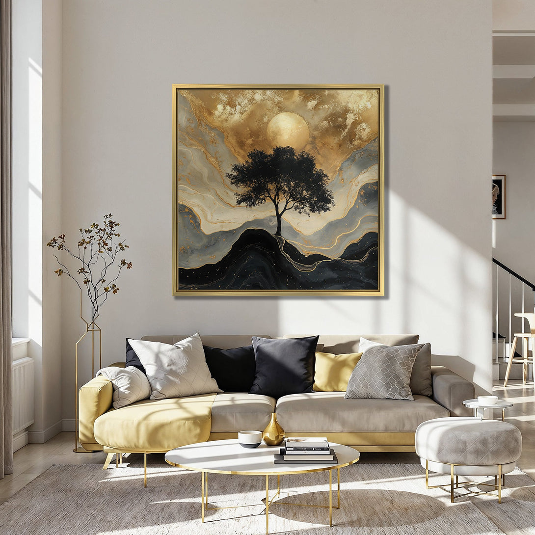 Canvas Print of a tree silhouette against a golden sky. Modern abstract style with a black, gold, and neutral color palette. Perfect wall art.