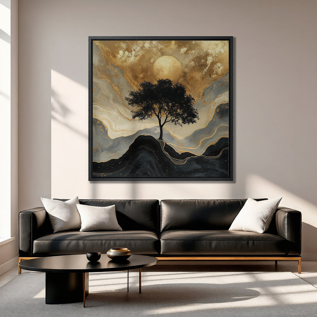 Framed Wall Art featuring a tree silhouette against a golden sky. Modern abstract style with a black, gold, and gray color palette. Perfect for living room decor.