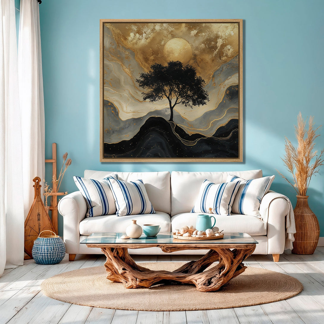 Framed Wall Art: Abstract tree landscape in gold, gray, and black. Modern Canvas Print for a stylish living room. Shop now for unique wall decor!
