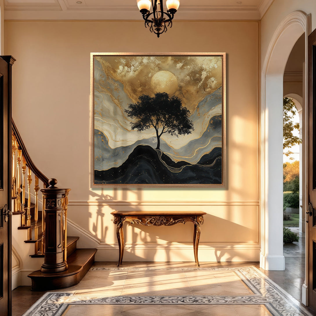 Framed Wall Art: Abstract tree landscape in gold, gray, and black. Modern Canvas Print adds elegance to any interior. Shop now for stunning wall decor!