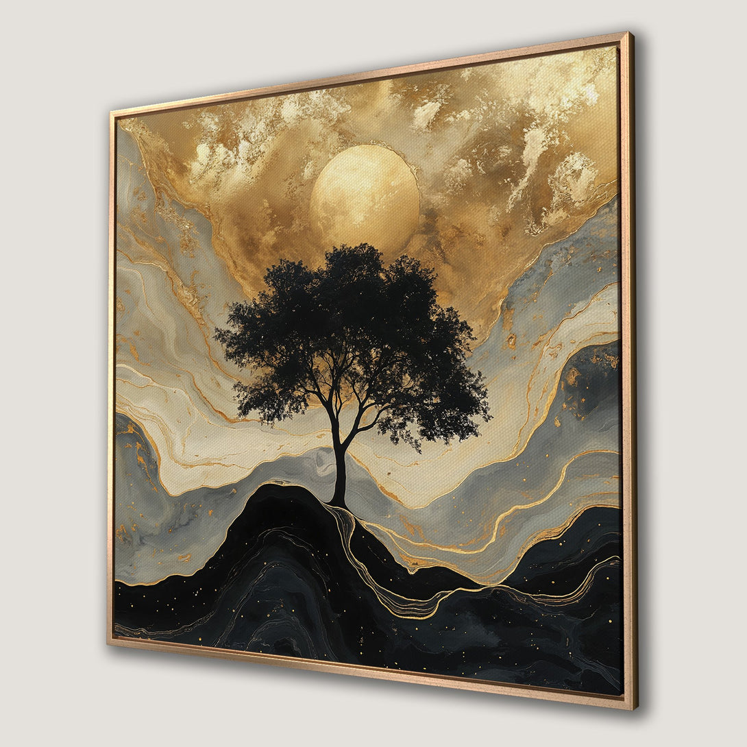 Framed Wall Art: Abstract tree landscape in gold, black, and gray. Modern canvas print for stylish home decor.
