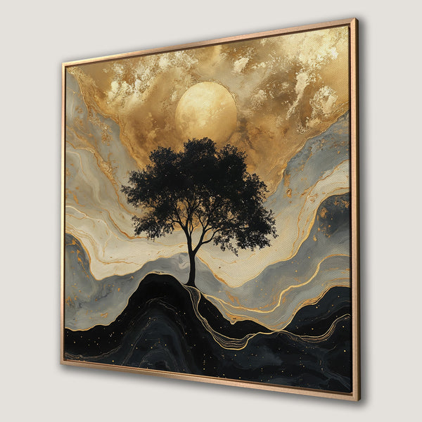 Framed Wall Art: Abstract tree landscape in gold, black, and gray. Modern canvas print for stylish home decor.