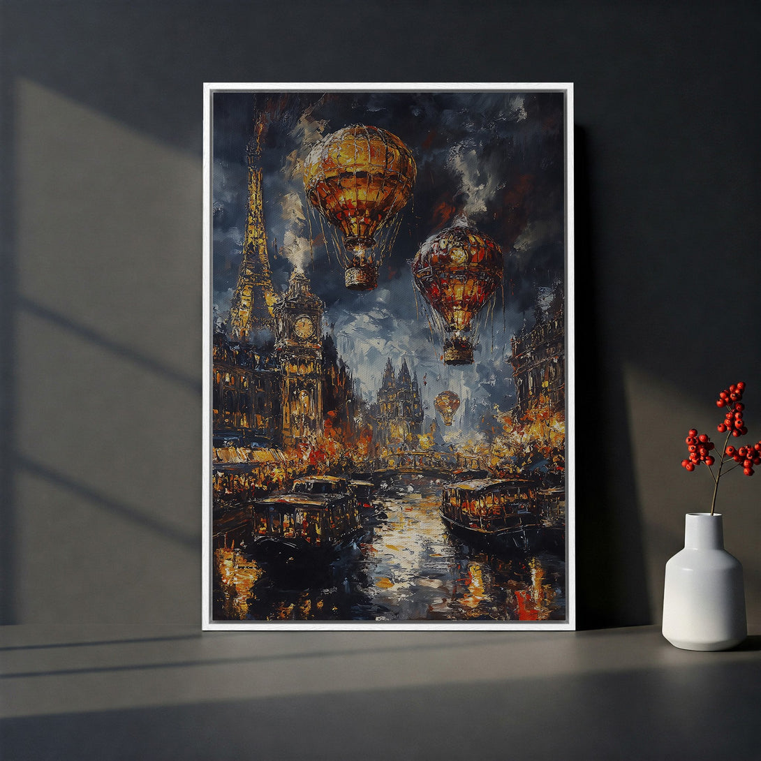 Framed Wall Art of Paris at night with hot air balloons. Impressionist style, warm gold and orange hues against a dark, moody background. Perfect home decor.
