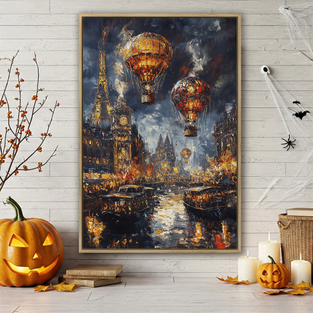 Framed Wall Art of a Parisian cityscape with hot air balloons. Impressionistic style, warm orange and deep blue color palette. Perfect for Halloween decor.