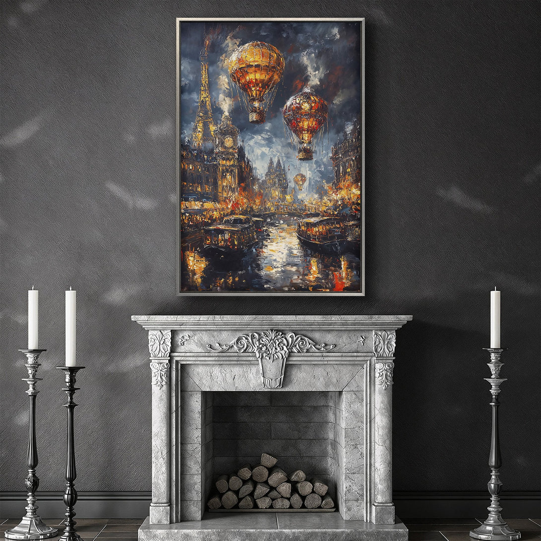 Framed Wall Art: Parisian cityscape canvas print with hot air balloons, impressionistic style, warm gold and blue color palette. Elevate your home decor!
