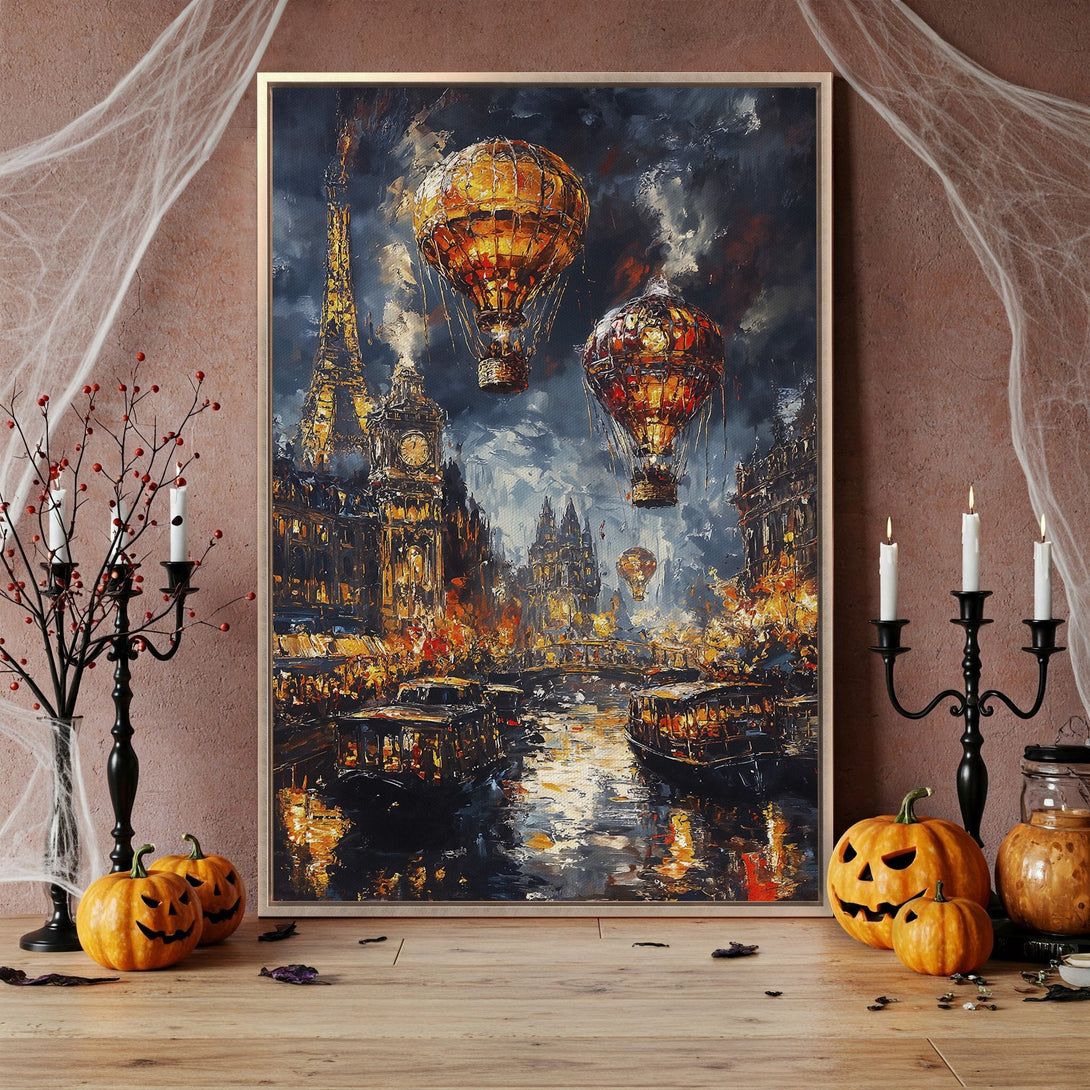 Framed Wall Art: Impressionist cityscape with hot air balloons, moody blues & warm golds. Perfect Halloween decor! Add a touch of art to your home.