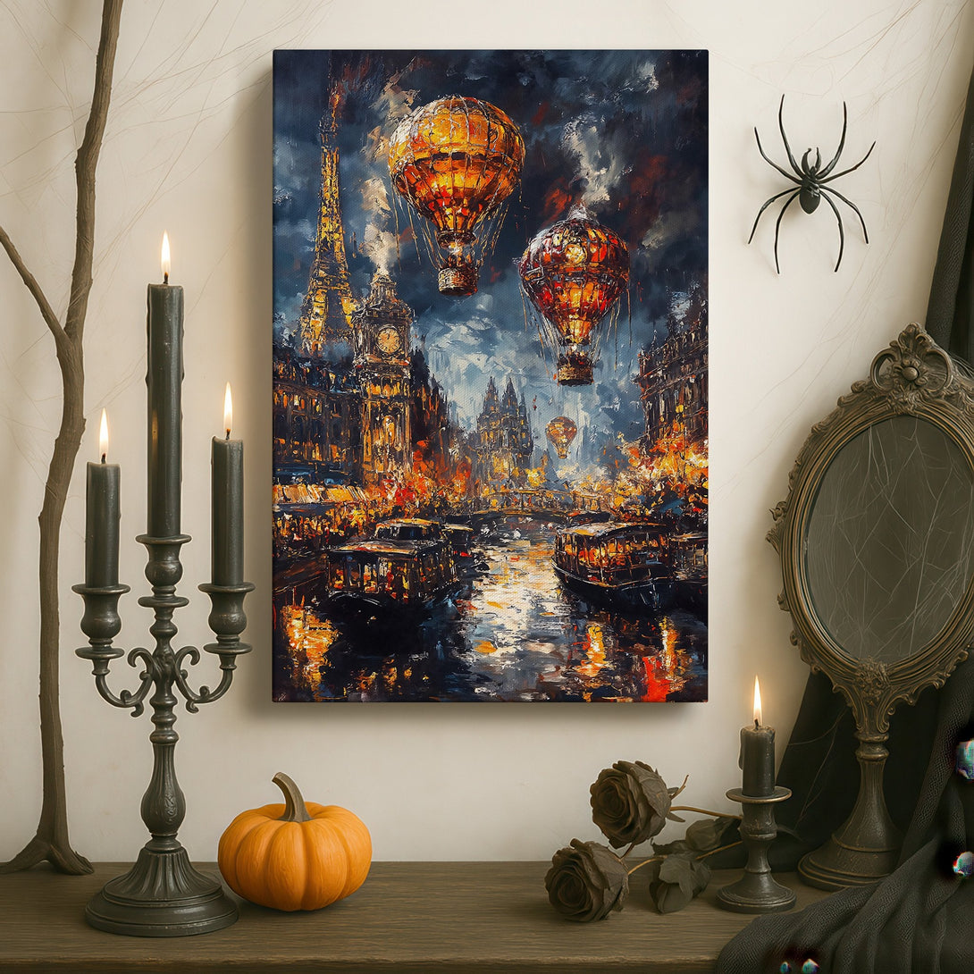Framed Wall Art featuring hot air balloons over a city, in a dark, moody style with warm orange and blue hues. Perfect for adding a touch of art.