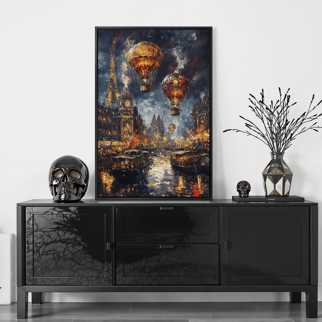 Framed Wall Art: Impressionist Paris cityscape with hot air balloons. Dramatic, moody art in a warm, dark color palette of gold, orange, and black. Elevate your space!