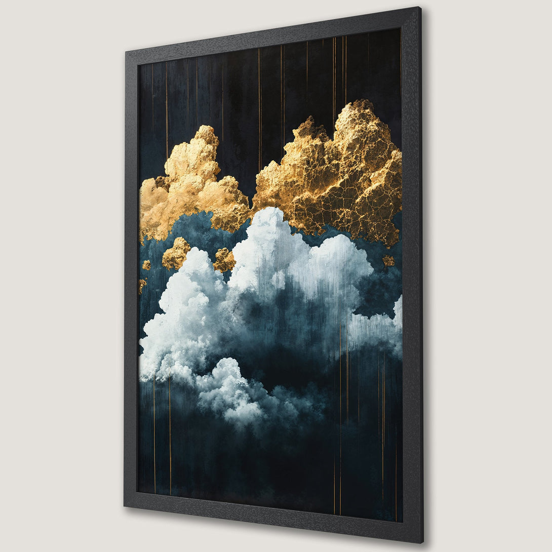 Framed Poster featuring abstract gold and cloud art, with a dark blue and gold color palette. Modern wall decor.