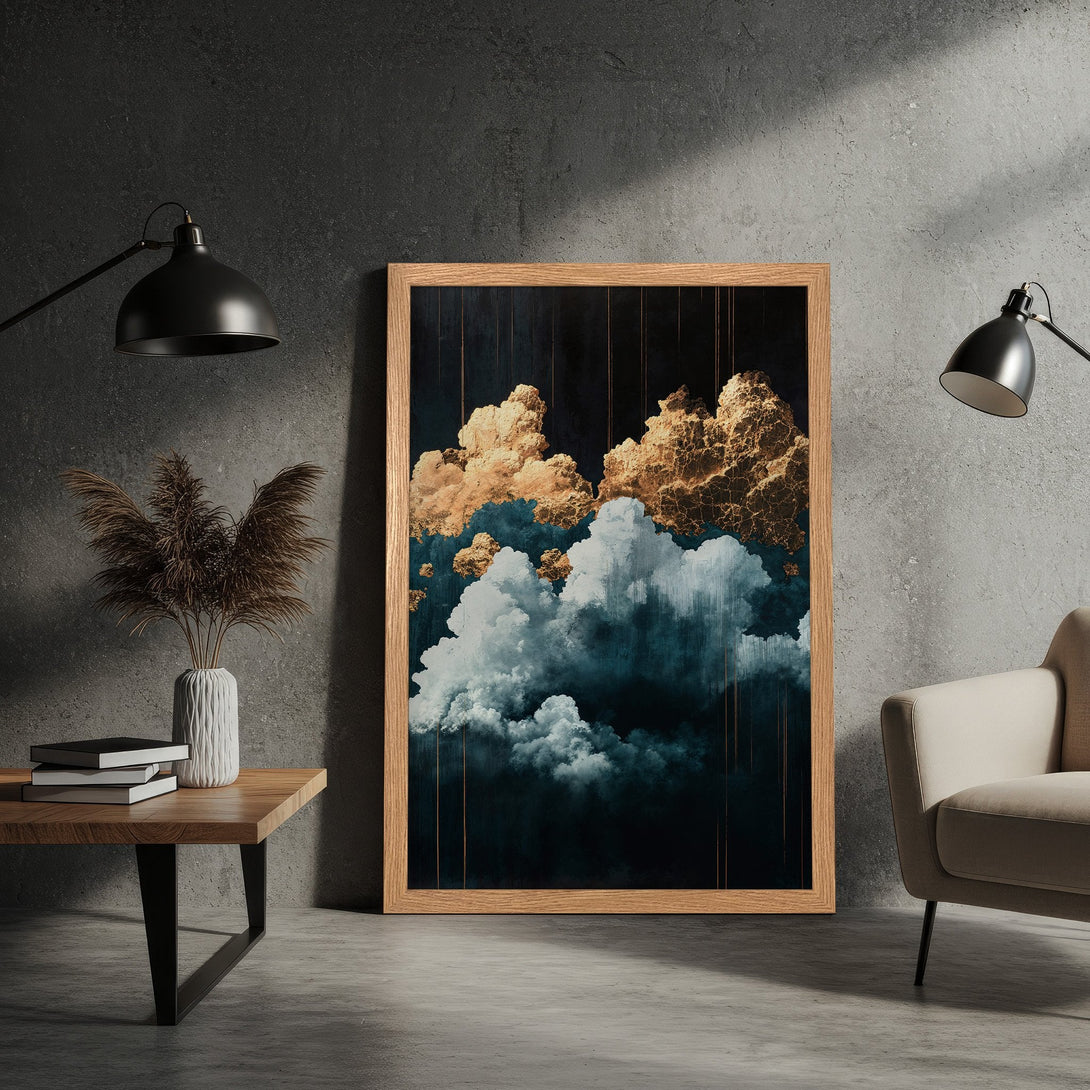 Framed Poster featuring abstract cloud art in teal, gold, and white. Modern art print for home decor.